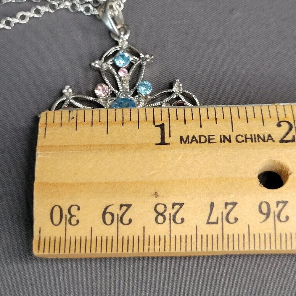 Silver Tone Round Link Chain Cross Pendant Rhinestone Fashion Necklace 22 in - Picture 9 of 9